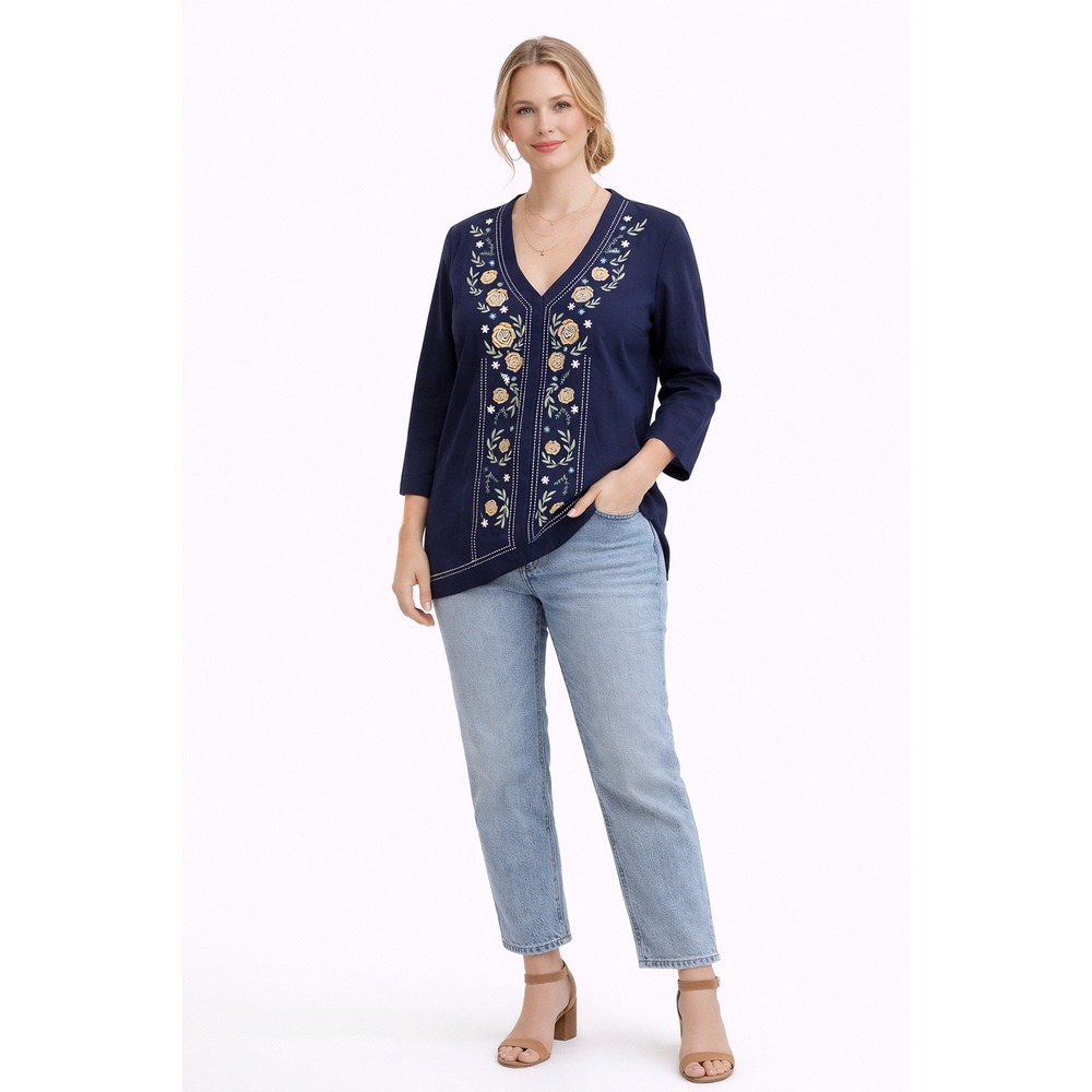 C&K Designs Cardigan Women Large Navy Blue Floral Embroidered Open Front Sweater